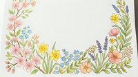 Watercolor spring floral border with cherry blossoms, daffodils, lavender, and wildflowers on white background, perfect for greeting cards.