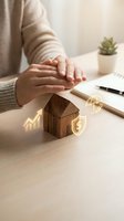 Person with medium skin tone protecting wooden house model with financial growth icons for real estate investment and home insurance concepts.