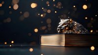 Mystical golden jaguar figurine on vintage book against dark background with magical bokeh lights and glowing particles, creating atmospheric mood.