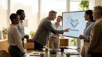 Diverse business team celebrating successful partnership agreement with handshake in modern office meeting room during corporate collaboration session.