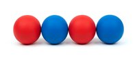Four colorful spheres alternating red and blue arranged in a row on white background, isolated for design, clipart, and graphic projects.