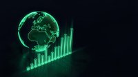 Glowing neon globe with ascending bar chart on dark background, representing global business growth, financial data analysis, and international market expansion.