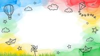 Colorful watercolor frame with hand-drawn doodles including hot air balloon, paper boats, kite, clouds and stars on white background for creative projects.