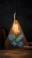 Vintage Edison bulb with glowing filament suspended above wooden surface with neon science symbols including DNA helix, heartbeat monitor, and medical camera on dark background for creative design projects.