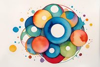 Vibrant watercolor circles in blue, orange, red and green tones create abstract composition with white highlights and colorful dots scattered around organic shapes.