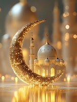 Glowing golden crescent moon with ornate mosque reflecting on water surface against soft bokeh background, creating magical Ramadan atmosphere and Islamic holiday mood.
