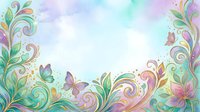 Watercolor ornamental border with swirling flourishes, butterflies, and botanical elements in pastel pink, purple, green, and yellow tones on white background. Isolated design element suitable for invitations, greeting cards, and decorative projects.