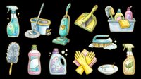 Cleaning supplies collection isolated on transparent background, ready for t-shirt design, clipart, stickers, print-on-demand products and sublimation projects.