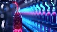 Glowing bottle with sparkling drink in nightclub setting against blurred blue neon lights background creates atmospheric party mood. Suitable for beverage advertising.