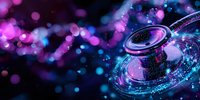 Futuristic medical stethoscope with glowing neon circles and bokeh lights in purple and blue colors against dark background, healthcare technology concept.