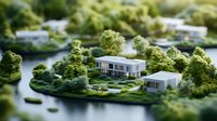 Miniature model of modern lakeside residential development with luxury houses surrounded by lush green trees and water.