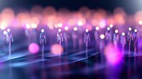 Futuristic digital human figures standing in glowing purple and pink bokeh light environment for technology and innovation concepts.