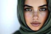 Close up portrait of young Middle Eastern woman wearing green hijab, with striking green eyes, freckles and natural makeup against light background.
