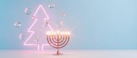 Festive holiday scene with glowing menorah and neon Christmas tree on pastel blue background with floating ornaments for seasonal celebration designs.