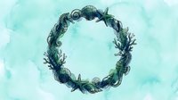 Coastal wreath made from seashells, starfish, and seaweed arranged in circle on soft turquoise watercolor background, isolated for design use.