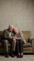Happy elderly Caucasian couple sitting together on beige sofa holding hands, smiling warmly in cozy living room setting for family and relationship concepts.