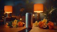Sleek aluminum can on wooden table with orange flowers and citrus fruit, warm ambient lighting from orange lampshades creates cozy atmosphere.