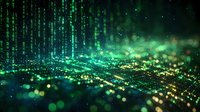 Digital green matrix rain with glowing particles and bokeh effects falling on reflective surface creates futuristic cyberpunk atmosphere for technology concepts.