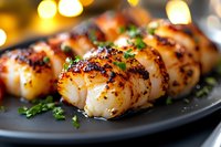 Seared sea scallops with caramelized crust garnished with fresh herbs on dark plate, golden bokeh background creates warm ambiance for food photography.