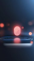 Glowing red fingerprint scan with ripple effect on dark background, digital biometric security concept with bokeh lights and reflective surface.