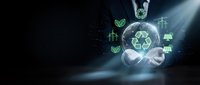 Businessman hand holding glowing sphere with recycling symbol and green eco icons representing sustainable business practices and environmental responsibility.