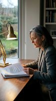 Mature Caucasian woman with gray hair reading documents at wooden desk by window with brass lamp in cozy home office with bookshelf background.