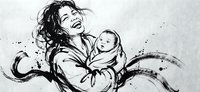 Young mother holding newborn baby in tender embrace, black ink brush strokes on textured paper background. Maternal bond and motherhood concept artwork.