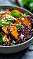 Roasted beet and golden beet salad with quinoa, feta cheese, pumpkin seeds and fresh basil leaves in gray ceramic bowl on dark background.