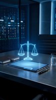 Glowing holographic scales of justice emerging from tablet on modern lawyer desk with city lights background for legal technology and digital law concepts.