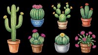 Potted cacti and succulents collection with pink and yellow blooms, isolated on transparent background, ready for t-shirt designs, clipart, stickers, print-on-demand products, and sublimation projects.