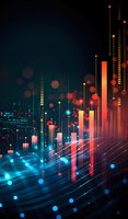 Abstract digital visualization of data analytics with glowing orange and blue elements, perfect for business intelligence and technology presentations. Dynamic graph bars rise against dark background.