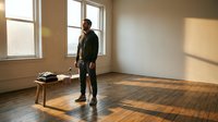 Young professional man standing in empty apartment room with wooden floors and large windows during golden hour sunlight for real estate concept.