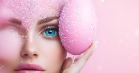 Young woman with bright blue eyes holding pink easter egg decorated with silver glitter against pink background, creative beauty portrait with festive makeup.