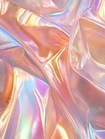 Iridescent holographic foil texture with pink and golden reflections creating abstract wrinkled surface pattern with rainbow metallic shine effect.