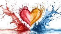 Heart shape formed by colorful liquid splashes in red, orange and blue, dynamic water collision creating romantic symbol against white background.