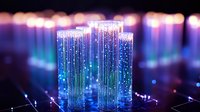 Glowing fiber optic light columns in blue and purple colors create futuristic technological atmosphere with bokeh effect and reflective surface.