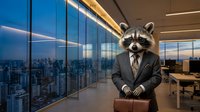 Anthropomorphic raccoon businessman in suit standing confidently in modern office with city skyline view through floor-to-ceiling windows at dusk.