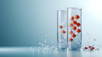 Isolated red spheres suspended in water-filled glass cylinders with bubbles and splashing liquid on gradient blue background, suitable for scientific, medical, and design applications.