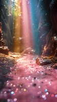 Mystical canyon scene with astronaut figurine amid magical light beams, glowing particles and bokeh effects creating dreamy atmosphere in pink and turquoise tones.