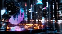 Futuristic holographic financial data visualization with glowing charts and graphs floating above digital circuit board in urban night cityscape background.