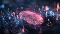 Glowing red digital fingerprint on futuristic circuit board background with depth of field effect illustrates cybersecurity and biometric authentication technology.