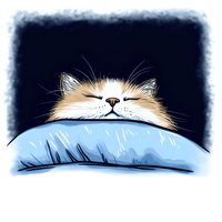 Sleepy cat with closed eyes peeking over light blue pillow against dark background, drawn in soft artistic style. Cozy home atmosphere for relaxation themes.