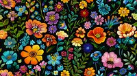 Vibrant floral pattern with colorful wildflowers and leaves on black background. Seamless repeat design features orange, blue, pink and purple blooms with green foliage.