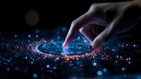 Human hand touching glowing digital circle with blue and red particles effect, creating futuristic interactive connection on dark background.