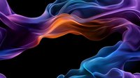 Vibrant flowing waves of purple, orange and blue smoke creating dynamic abstract shapes against black background for modern design projects and creative layouts.