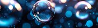 Transparent soap bubble floating in dark blue space with glowing bokeh lights and magical atmosphere.