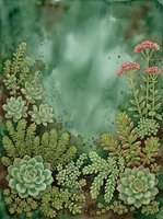 Watercolor succulent garden frame with green plants and pink flowers on textured background for botanical design projects and natural decorations.
