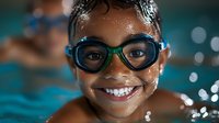 Young African American child wearing blue swimming goggles smiles brightly in pool water with sparkling droplets and bokeh lighting effects in background.