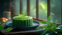 Green matcha mooncake with intricate pattern on dark plate, garnished with fresh mint leaves in warm natural kitchen lighting for culinary presentation.