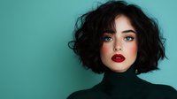 Young Asian woman with short curly black bob hairstyle, bright red lipstick, and dramatic makeup wearing black turtleneck against turquoise background, beauty and fashion portrait.
